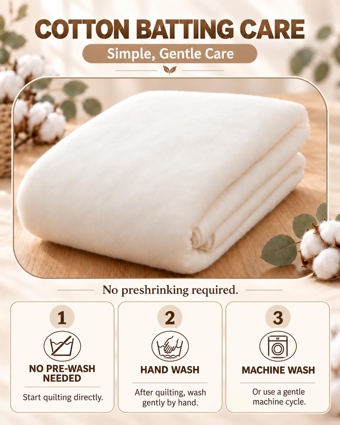 PLANTIONAL 71" x 79" Natural Cotton Batting for Quilting, 200g/m²