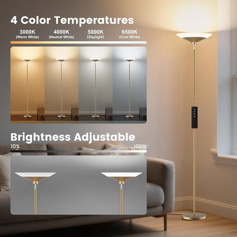SIBRILLE Torchiere Floor Lamp - 72" Tall LED Standing Lamp with Remote/Button Control, 1800Lm, 3000-6500K, 30W Dimmable Modern Corner Floor Light for Living Room Bedroom Office Apartment, Golden