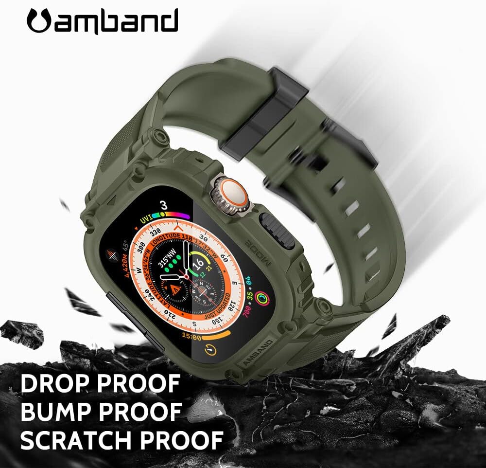 amBand Bands Case Screen Protector Compatible with Apple Watch Ultra 3/2/1 49mm, M1 Sport Series Rugged Cover Strap and 9H Tempered Glass Film, Protective Bumper for iWatch 49 mm Men Army Green