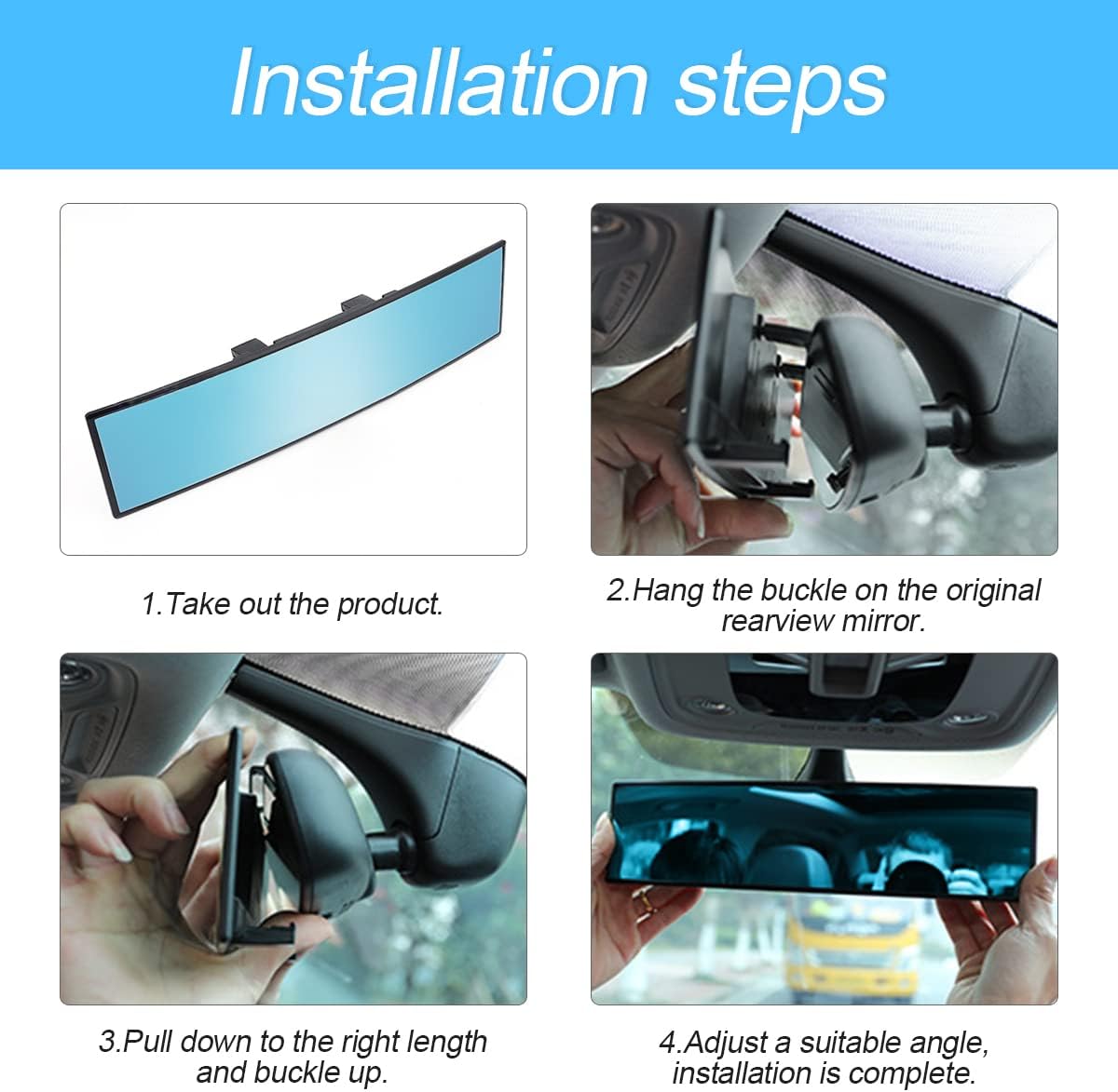 8sanlione 12 Inch Panoramic Car Rearview Mirror, Blue