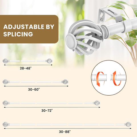 Luvenia White Decorative Curtain Rod,Adjustable Curtain Rods For Windows 30 to 88 Inch(2.5-7.3Ft),Long Outdoor Curtain Rod For Patio, Bedroom, Living Room,Kitchen,Farmhouse