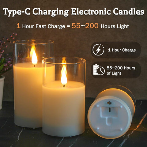 Glass Rechargeable LED Flickering Flameless Candles with Remote and Timer