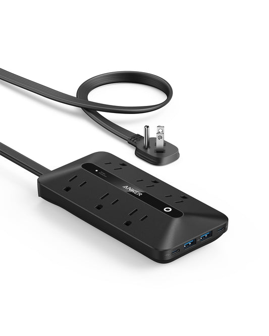 Flat Plug Power Strip 300J, Anker USB C Power Strip, 10-in-1 Ultra Thin Power Strip with 6 AC, 2 USB A and 2 USB C Ports,5ft Extension Cord, Desk Charging Station,Home Office College Dorm Room Black