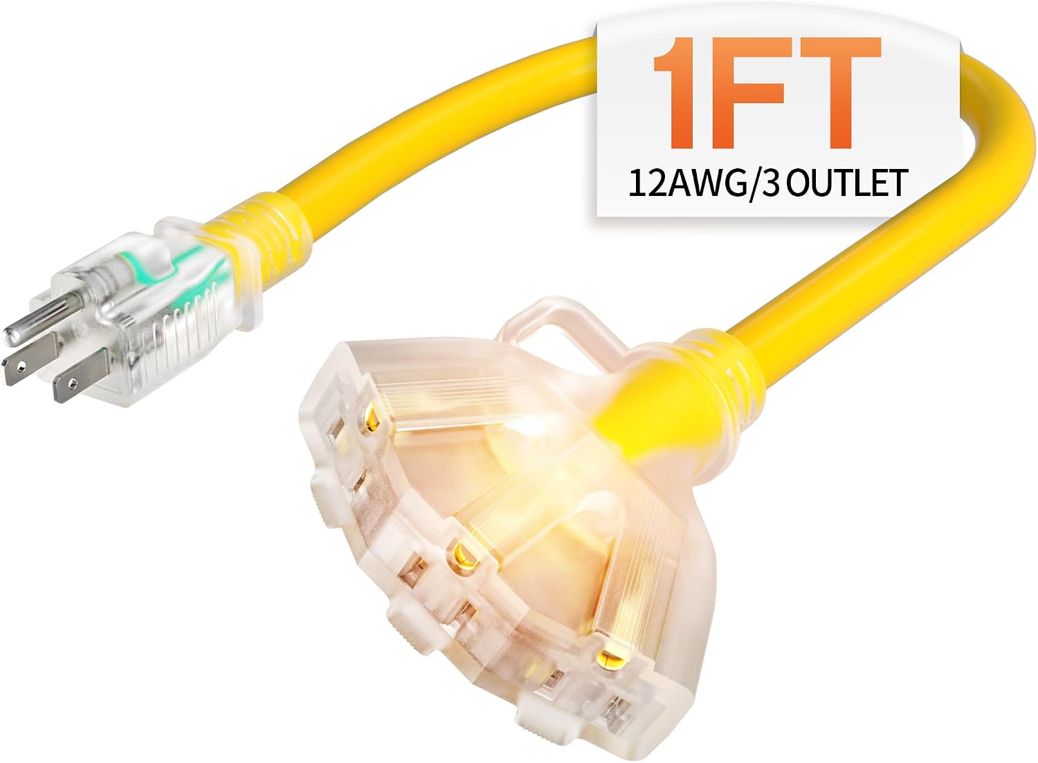 1 FT 12 Gauge Heavy Duty Extension Cord with Multiple Outlets