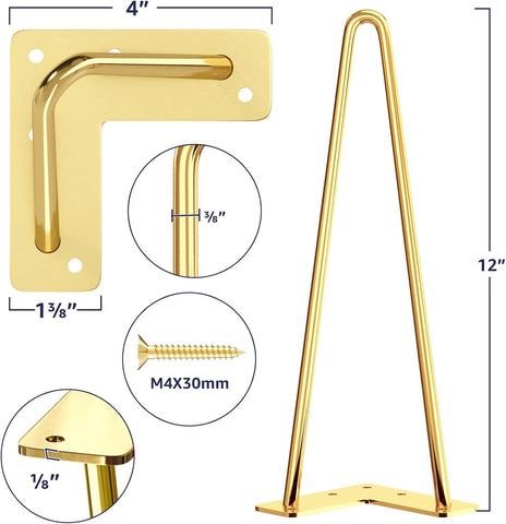 SMARTSTANDARD 12 Inch Hairpin Furniture Legs, Gold Set of 4PCS