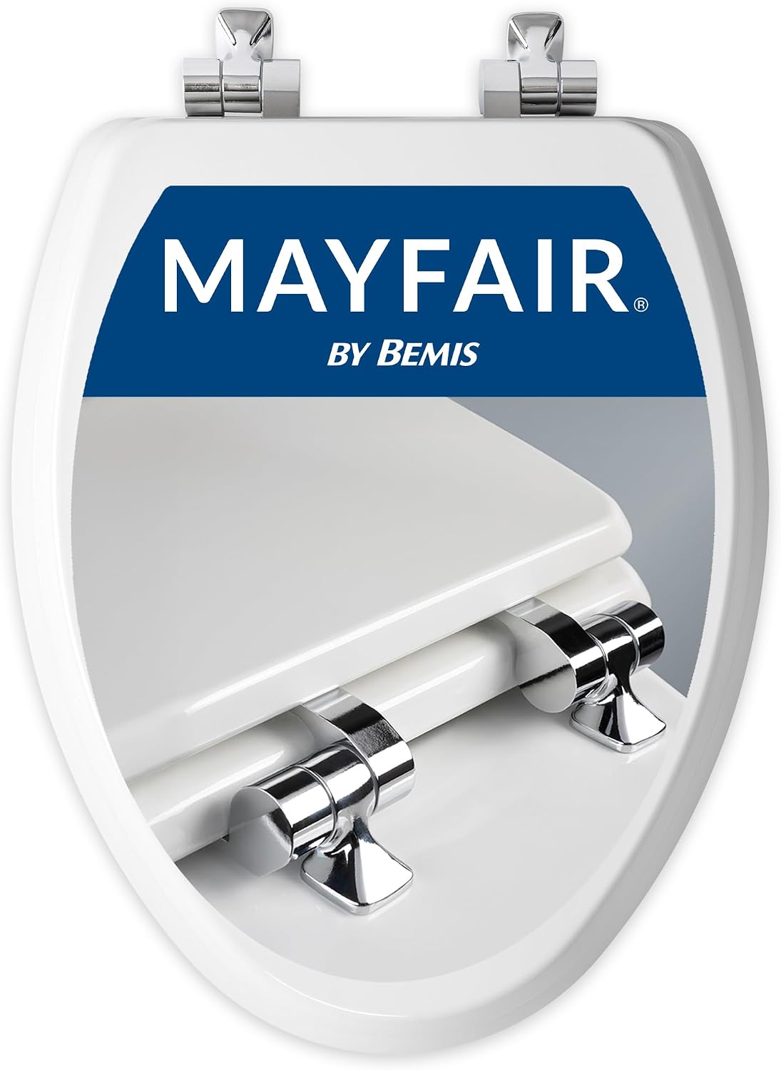 Mayfair Bennett Toilet Seat with Chrome Hinges, Slow Close Wood Seat, Secure Metal Hinges, Easy Install, Made in USA, Elongated, White
