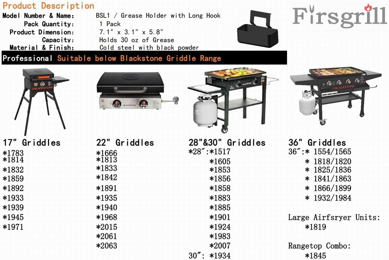 Firsgrill Professional Replacement Blackstone Griddle 17, 22, 28, 30 & 36 inches Grease Cup Foil Tray pan (BSL13)