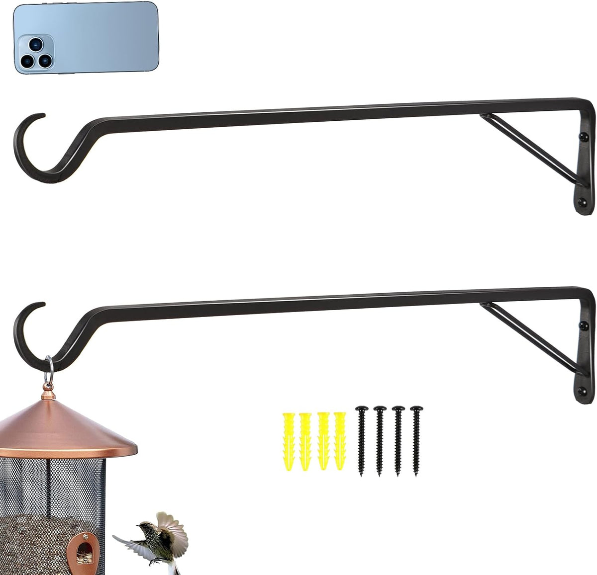 AILIN YELOKIE 2 Pack Extra Long 23 Inch Heavy-Duty Rust-Resistant Solid Steel Plant Hangers and Bird Feeder Hangers for Indoor and Outdoor Decor, Wall Hooks