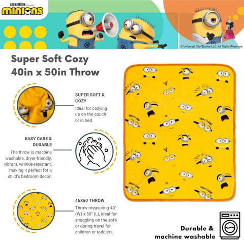 Despicable Me 4 Minions Kids Bedding Super Soft Silk Touch Throw, 40 in x 50 in, (Officially Licensed Product) By Franco