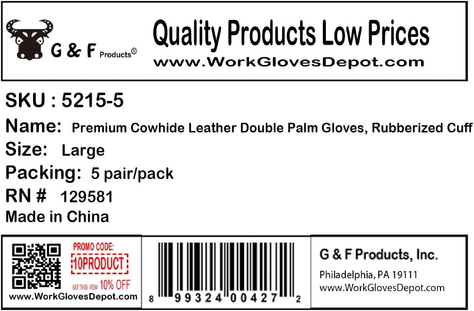 G & F Products Leather Work Gloves for Construction, Gardening and General Work