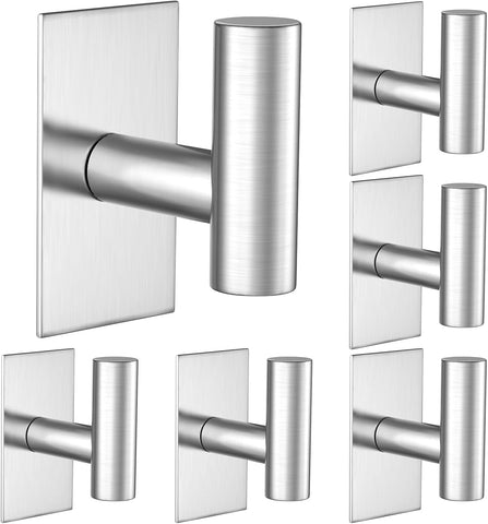 VAEHOLD Wall Towel Hooks, Heavy Duty Sticky Holder Waterproof Towel Hooks for Hanging Coat, Clothes, Closet Hook Wall Mount for Kitchen (Silver, 6 Pack)