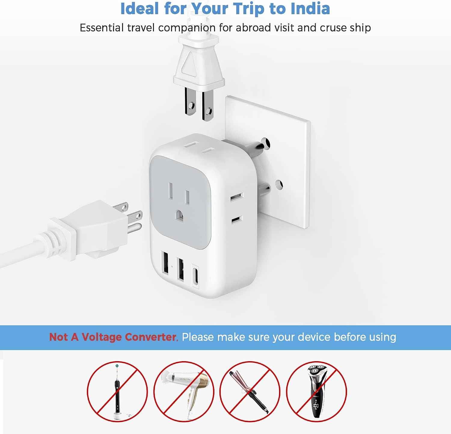 TESSAN India Plug Adapter 2 Pack, Type D Travel Adapter
