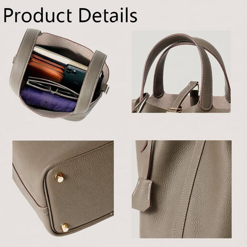 Genuine Leather Bucket Bag, Top-Handle Satchel Handbag with Lock
