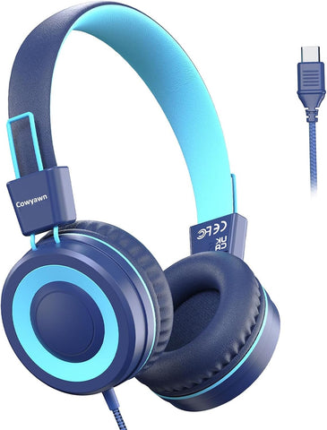 Cowyawn USB Type C Kids Headphones for School, Wired Toddler Headphones, 94dB Volume Limited, HD Stereo Sound, Foldable Lightweight On-Ear Wired Headphones for Kids/Children/Teens/Boys (Dark Blue)
