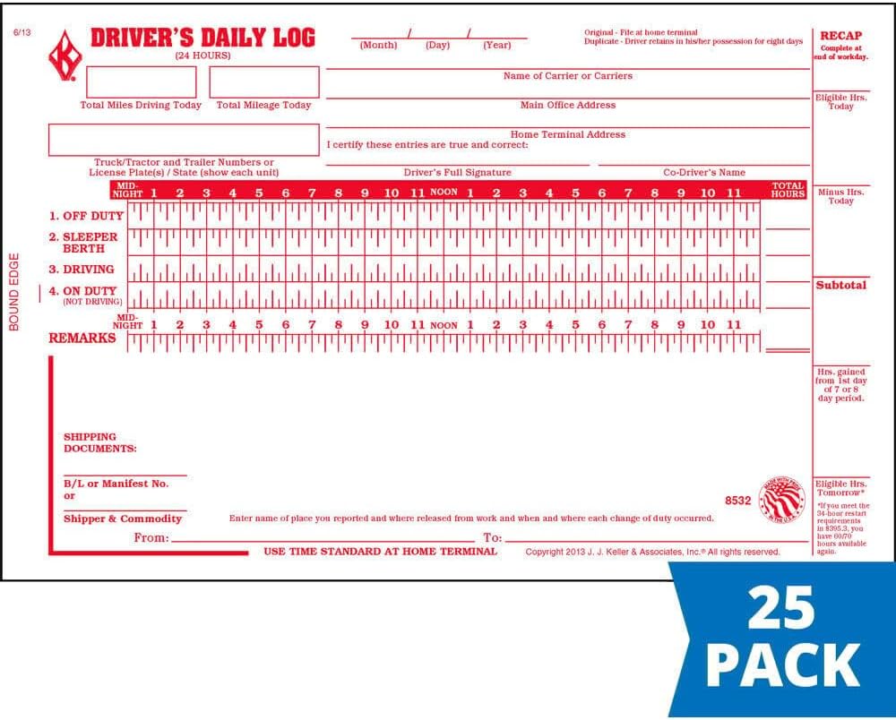 J. J. Keller Driver Daily Log Book with Carbon, 25 Pack