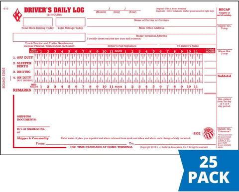 J. J. Keller Driver Daily Log Book with Carbon, 25 Pack