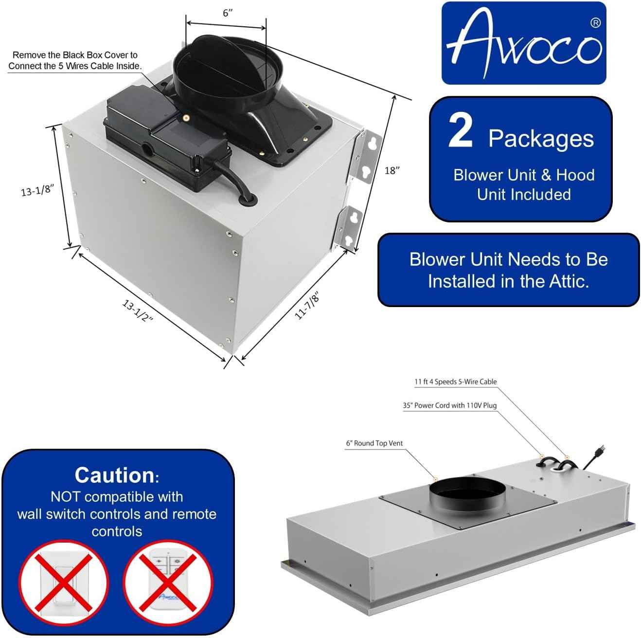 30"Wx11-3/4"D Super Quiet Split Insert Range Hood with 6" Blower