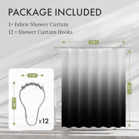 AmazerBath Shower Curtain, Cloth Ombre Black Shower Curtain Set with 12 Hooks, Washable Fabric Black and White Shower Curtain, Rustic Farmhouse Bathroom Shower Curtain, 72x72 Inches