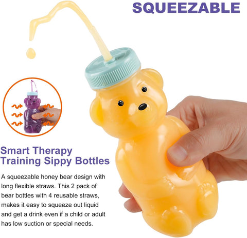 Honey Bear Straw Cups, Juice Bear Bottle Drinking Cup Long Straws with 4 Flexible Straws & Cleaning Tools, 8-Ounce Therapy Sippy Bottles for Speech and Feeding Training, Food-Grade & BPA Free 2 Pack