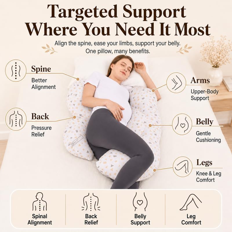 Pregnancy Pillow for Side Sleepers, Full Body Support for Back & Hip Pain Relief, Soft Maternity Pillow with Detachable & Washable Pillow Cover