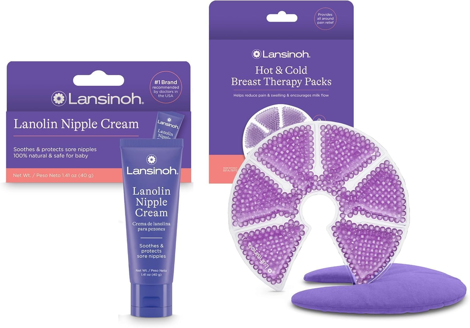 Lansinoh Lanolin Nipple Cream, 1.41 Ounces, and Breast Therapy Packs with Soft Covers, 2 Pack, Breastfeeding Essentials for Moms