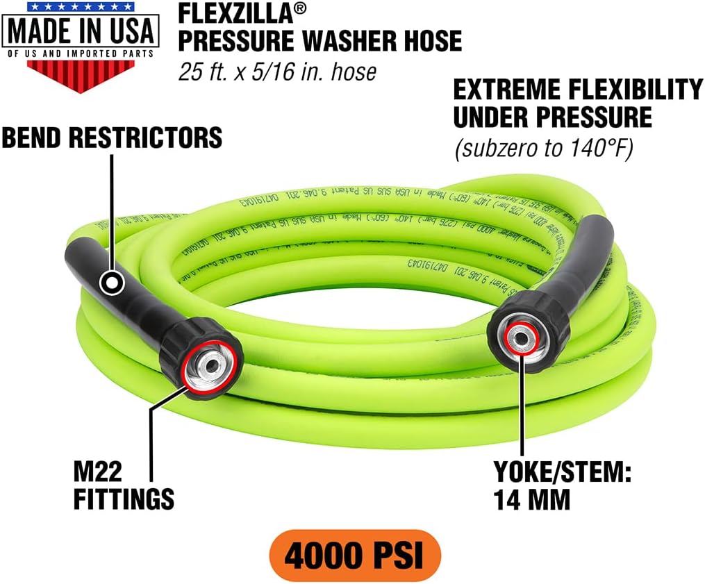 Flexzilla Pressure Washer Replacement Hose, 5/16 in. x 25 ft., 4000 PSI, M22 Fittings, No-Kink, Lightweight, ZillaGreen