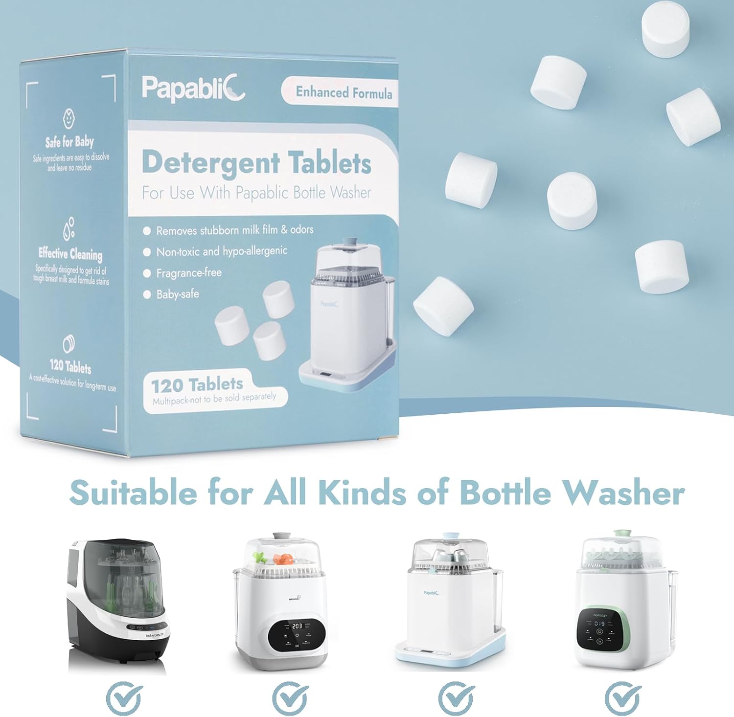 Papablic Official Detergent Soap Tablets for Bottle Washer, 120Pcs