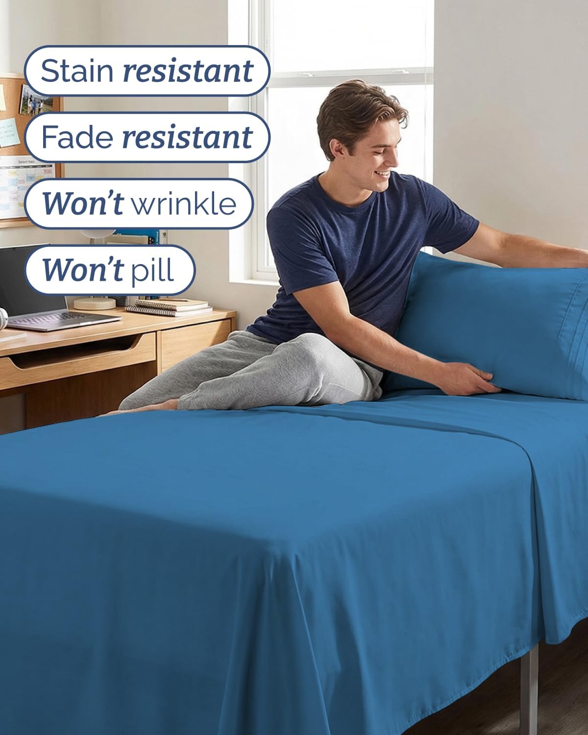 Twin XL 3 Piece Sheet Set - College Dorm Room Essentials - Denim Blue