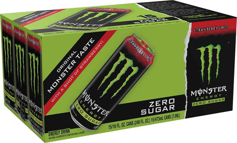 Monster Energy Zero Sugar Strawberry Shot, Green, Original, Free Energy Drink, 16 Ounce Can (Pack of 15)
