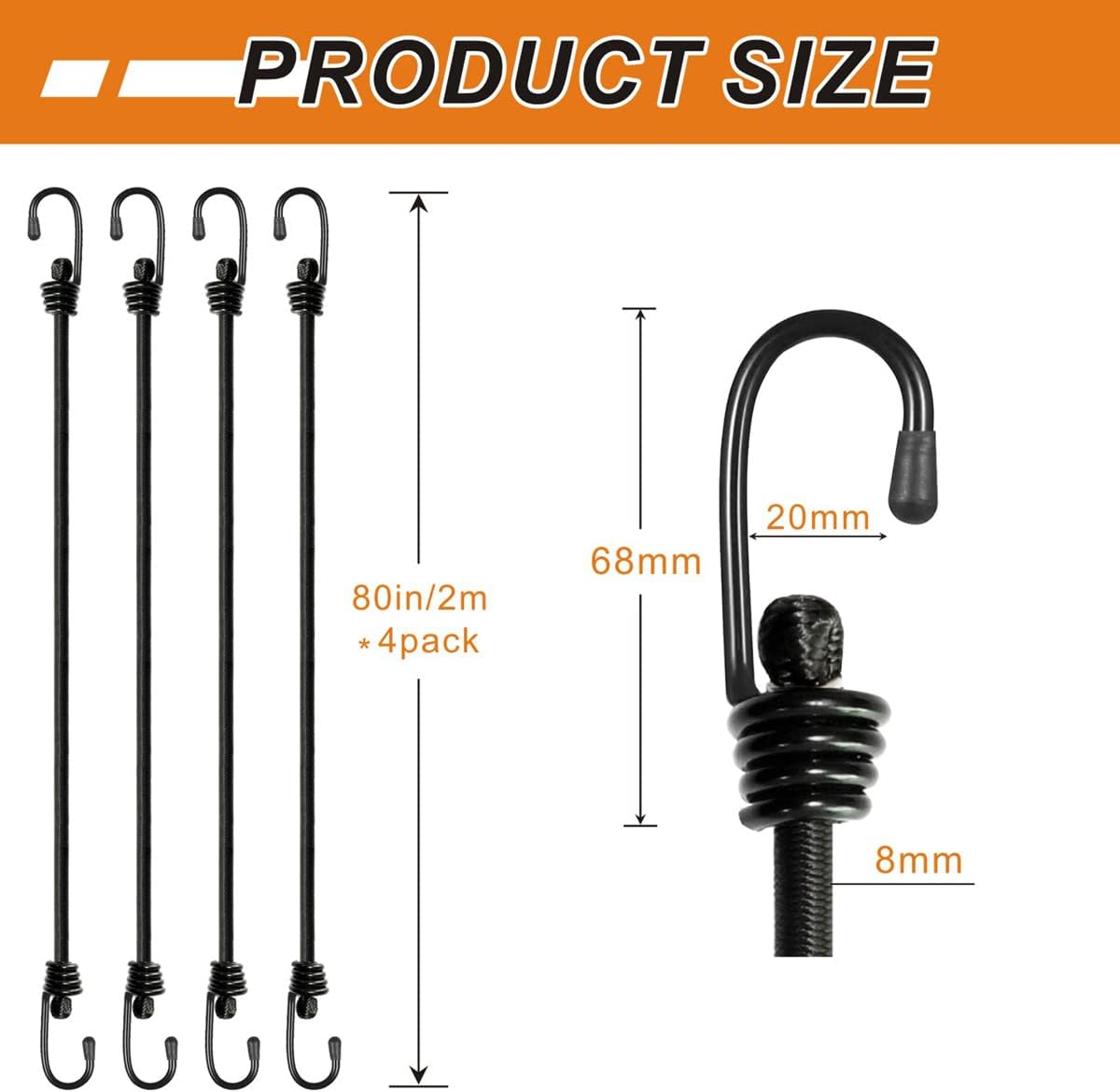 BEXSLE Bungee Cords with Hooks 2m Long, Heavy Duty Outdoor Elastic Bungee Straps, No Odour Industrial Grade Bungee Rope for Securing Tarps, Luggage, Tents, Bikes or Garden Tidying 80inch 4Pcs (Black)