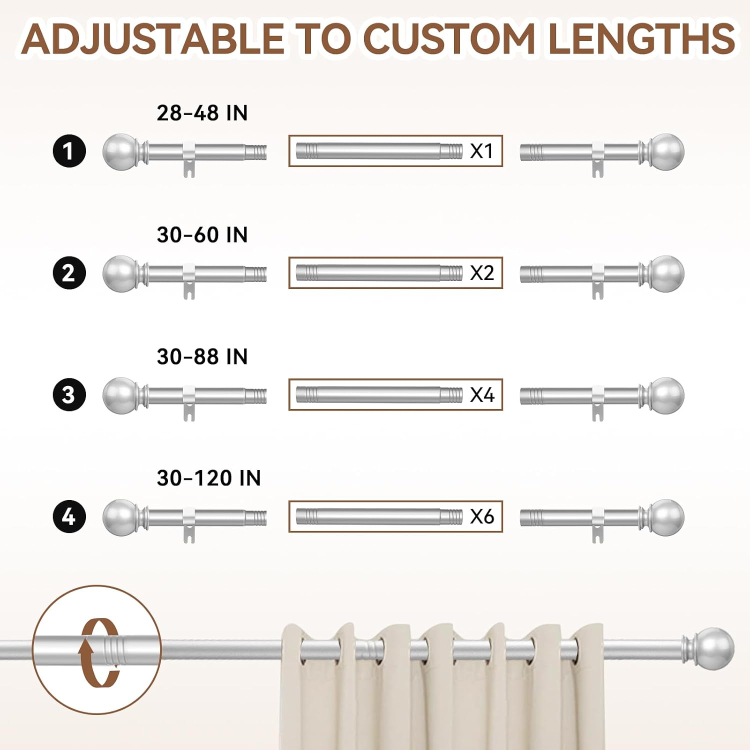 Silver Curtain Rod for Windows 30 to 60 Inch, 5/8 Inch Diameter Adjustable Curtain Rods With Brackets, Heavy Duty Easy to Install, Suitable for Bedrooms and Outdoor