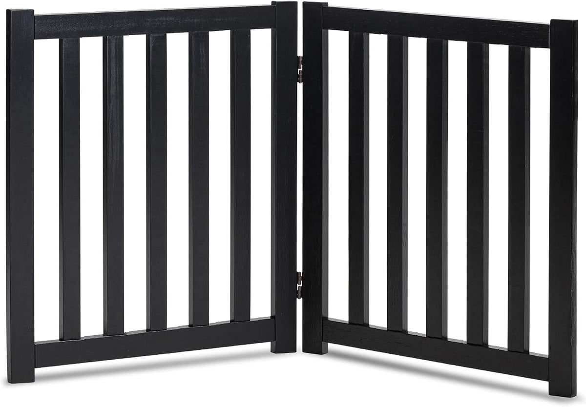 LZRS Wooden Free Standing Dog Gate 40" W x 24" H, Foldable Solid Hardwood Pet Safety Fence for House Doorways, Stairs, Hallways, Step-Over Pet Barrier, No Drill Easy Setup, Black