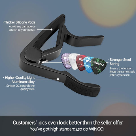 WINGO Guitar Capo for Acoustic and Electric Guitars with 5 Picks, Black.