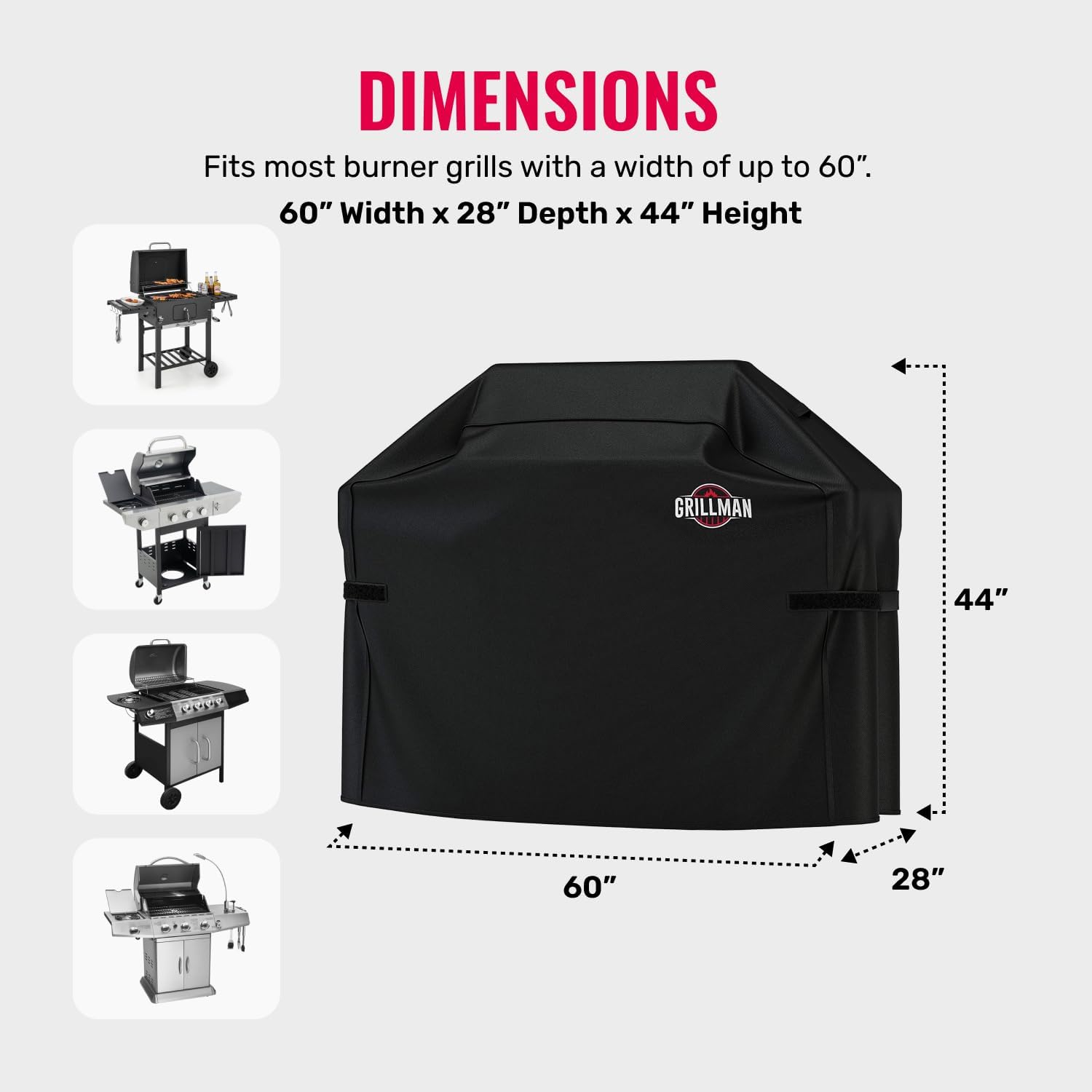Grillman Premium Grill Cover for Outdoor Grill, BBQ Grill Cover 60 Inch- Rip-Proof, Waterproof, Top Heavy-Duty Large 60 Inch Grill Cover - Barbecue Cover & Gas Grill Covers (60"L x 28"W x 44"H, Black)