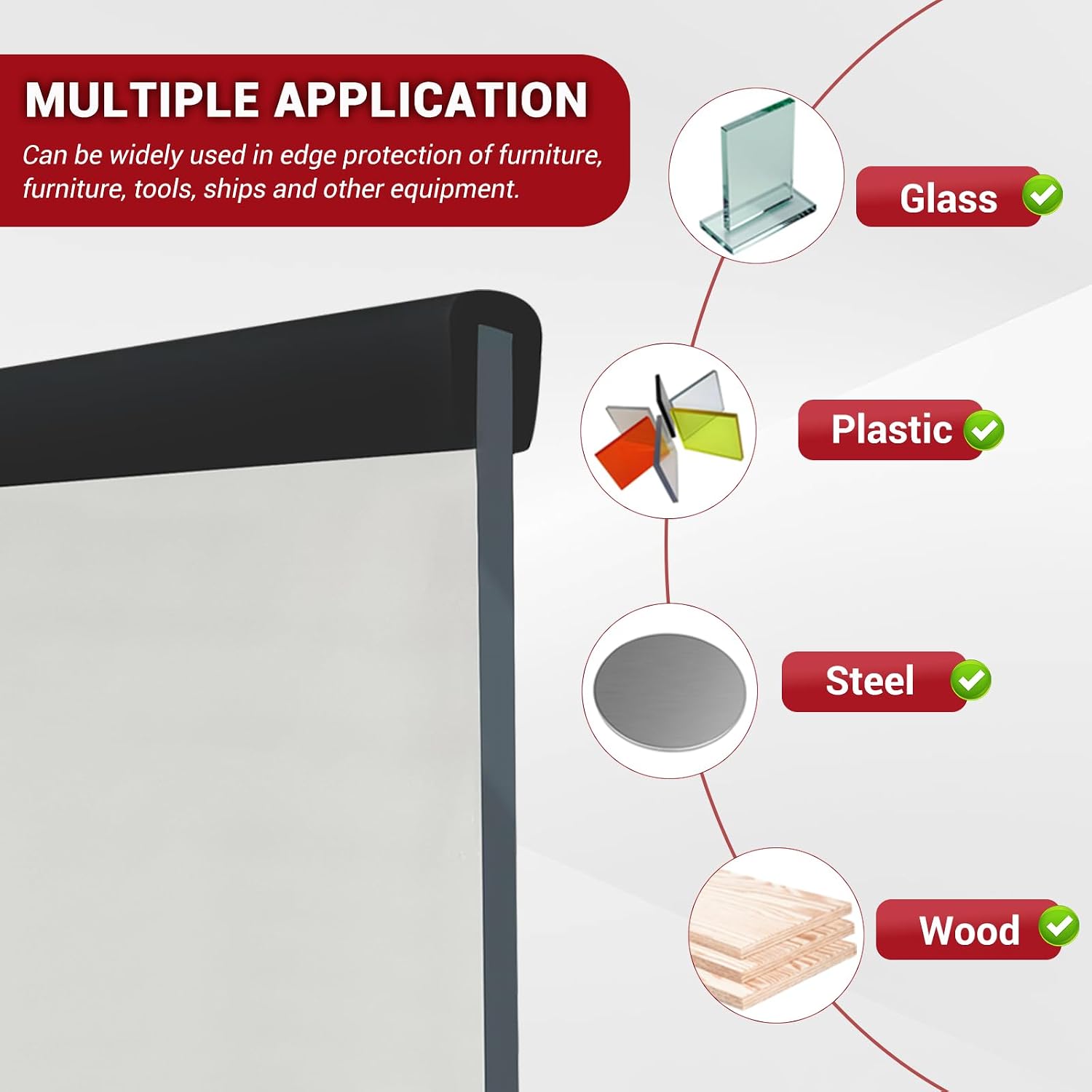 Rubber Edge Trim, 3/16"(5mm) Self Adhesive Flexible U Channel Edge Protecter for Glass, Flexiglass and Plywood, Fit for 5/32"-7/32" Width Edge, Black Color, 10Ft, EPDM Material