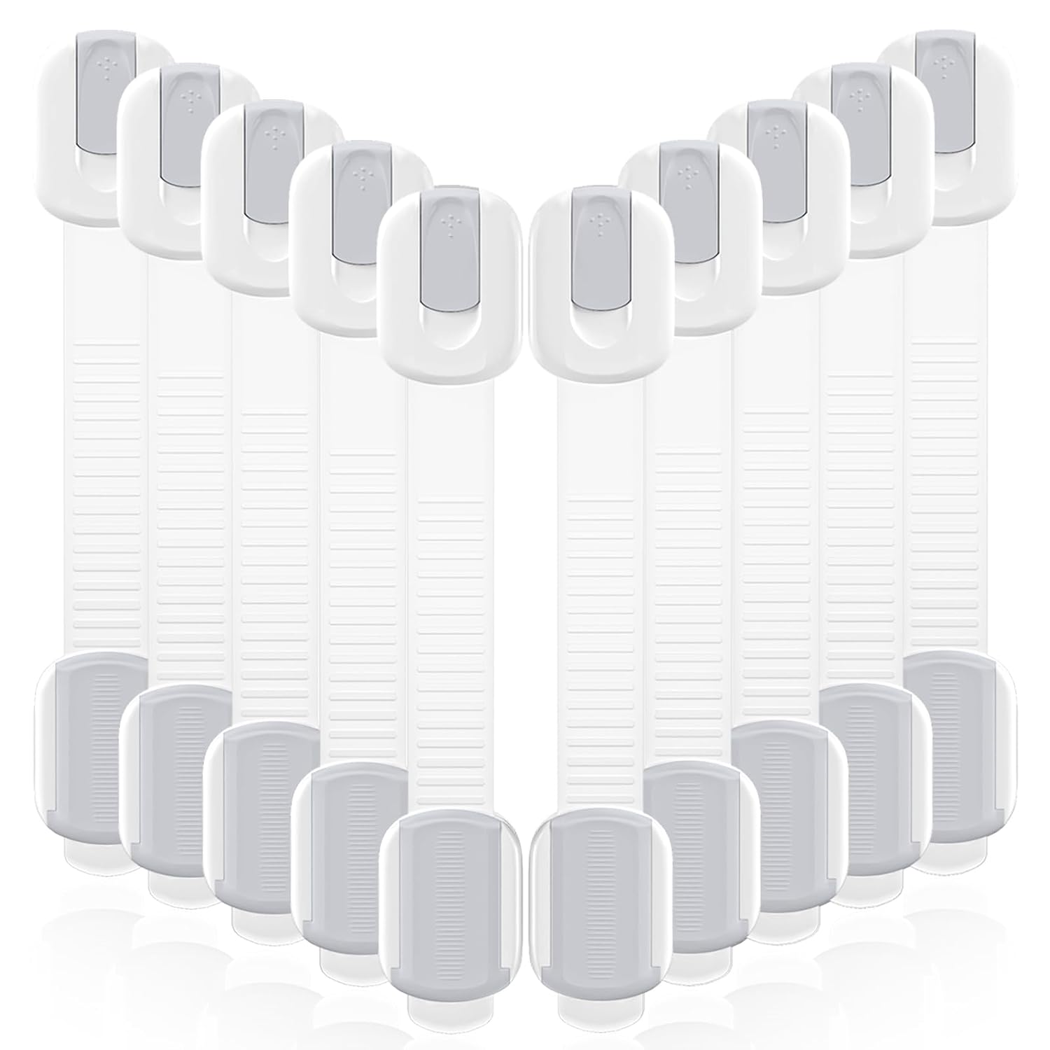 10 Pack Cabinet Locks Baby Proofing, Child Proof Cabinet Locks with 3M Adhesive - Easy Installation with Adjustable Straps, Multi-Purpose Child Safety Latches for Drawers Fridge Trash Cans White-Gray