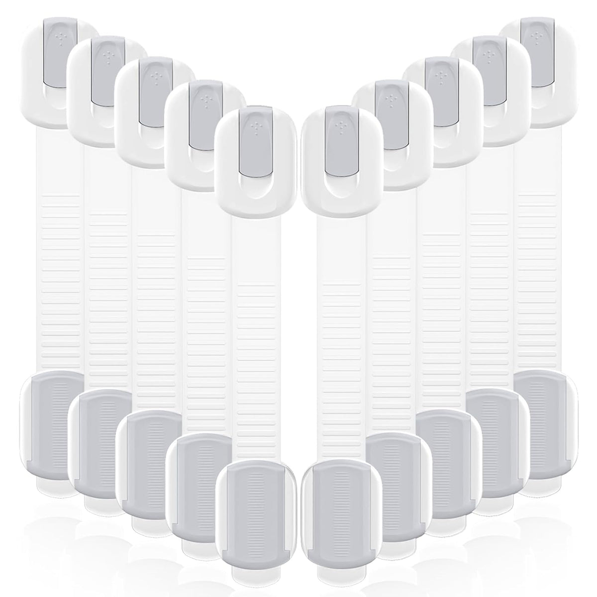 10 Pack Cabinet Locks Baby Proofing, Child Proof Cabinet Locks with 3M Adhesive - Easy Installation with Adjustable Straps, Multi-Purpose Child Safety Latches for Drawers Fridge Trash Cans White-Gray