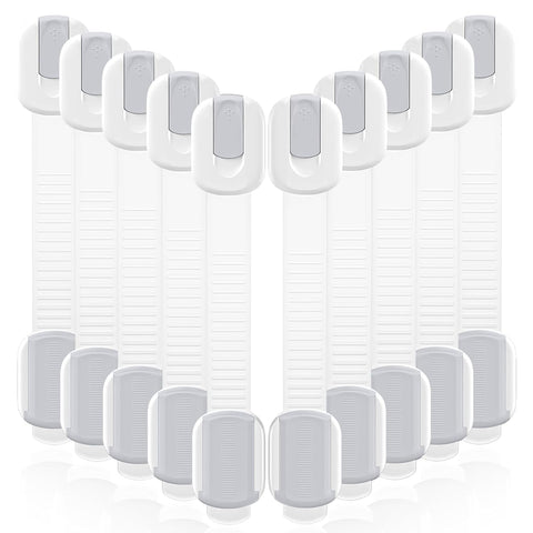 10 Pack Cabinet Locks Baby Proofing, Child Proof Cabinet Locks with 3M Adhesive - Easy Installation with Adjustable Straps, Multi-Purpose Child Safety Latches for Drawers Fridge Trash Cans White-Gray
