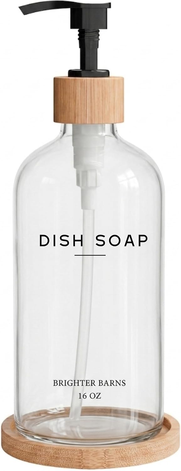 Clear Glass Dish Soap Dispenser by Brighter Barns - Kitchen Sink Set With Bamboo Tray - Modern Decor and Accessories, Minimalist Neutral Home (Clear)