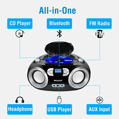 MEGATEK Portable CD Player Boombox with Bluetooth & FM Radio – Black
