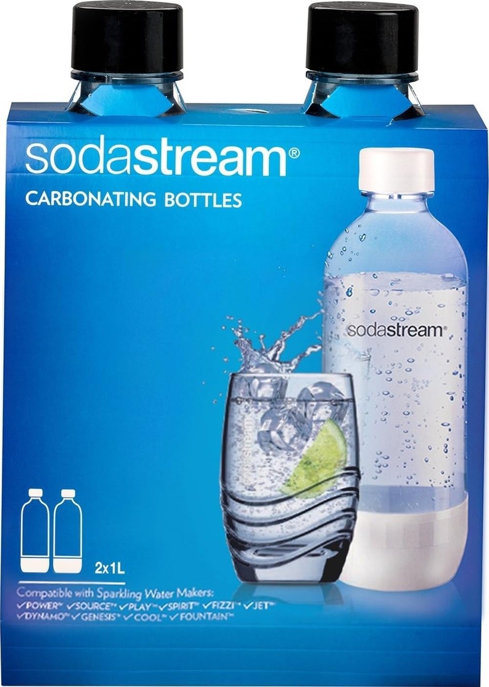 sodastream 1L Twin Pack Carbonated Water Bottle, Dishwasher Safe Slim, 2 Black Reusable Plastic Bottles for Sparkling Water, Soda Stream Compatible with TERRA, ART, ENSO, E-Terra & More