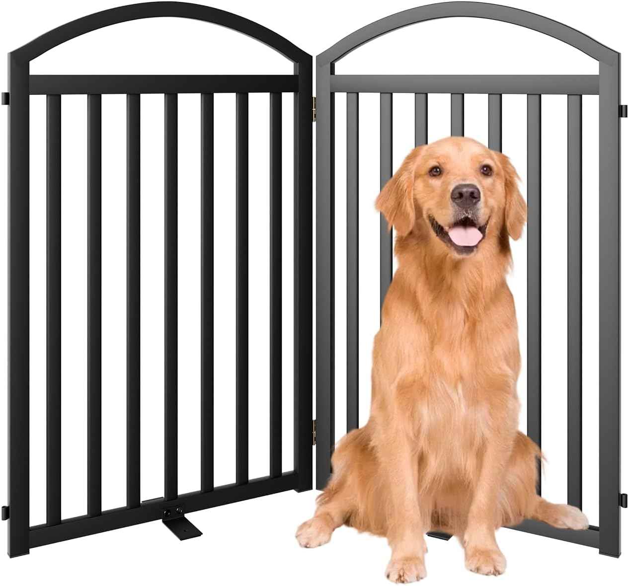 SNUOWU 2 Panels Full Matel Freestanding Dog Gates, 48" Extra Wide 32" Tall Free Standing Dog Pet Gate for Indoor & Outdoor. Foldable Pet Fences for Doorways, House, Stairs, Porch, Deck, Yard