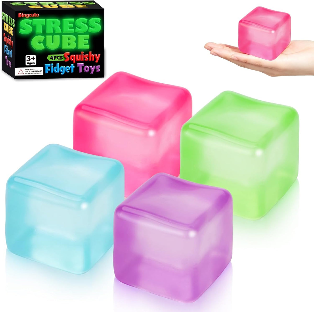 4 Stress Cube Glow in The Dark, Slow Rising Squishy Fidget Toys for Adults