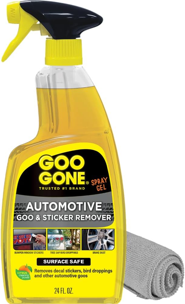 Goo Gone Automotive Adhesive Remover, Goo & Grime Cleaner for Bumper Stickers, Decals, Tree Sap, Brake Dust, Bird Droppings, Gum, Spray Paint, Asphalt, 24 oz with MicroFiber Buffing Towel
