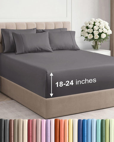 Extra Deep Queen Sheet Set - 6 Piece Breathable and Cooling Sheets - Grey