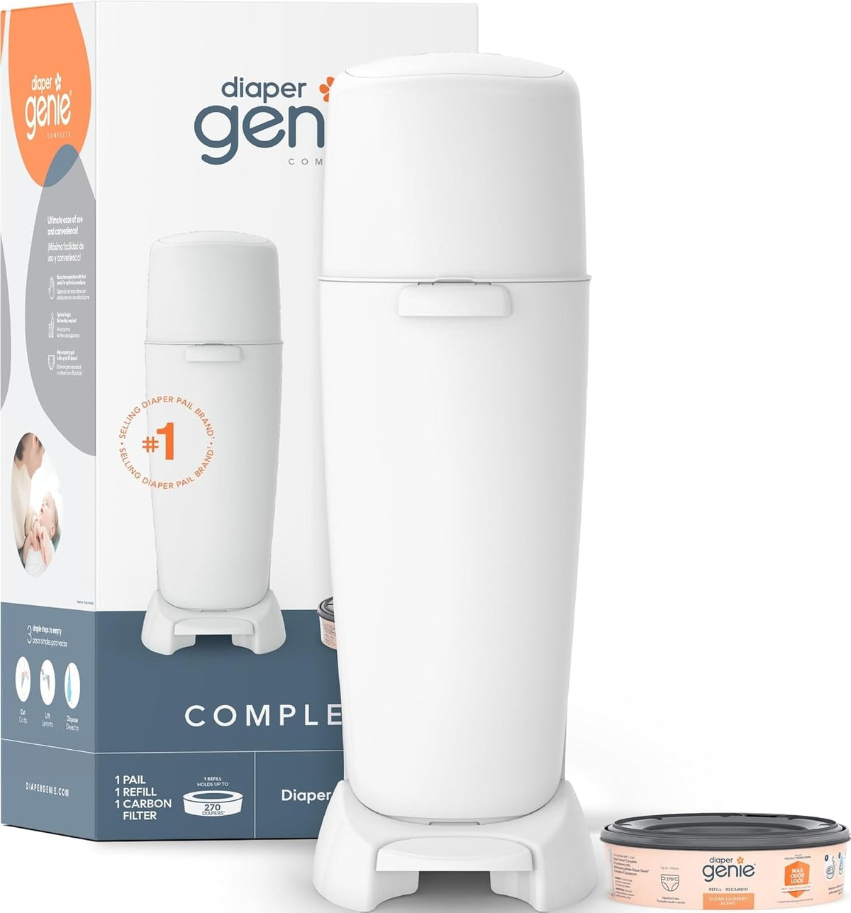 Diaper Genie Complete Diaper Pail (White) – Includes 1 Refill (Holds 270 Newborn Diapers) & 1 Carbon Filter