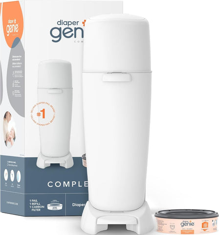 Diaper Genie Complete Diaper Pail (White) – Includes 1 Refill (Holds 270 Newborn Diapers) & 1 Carbon Filter
