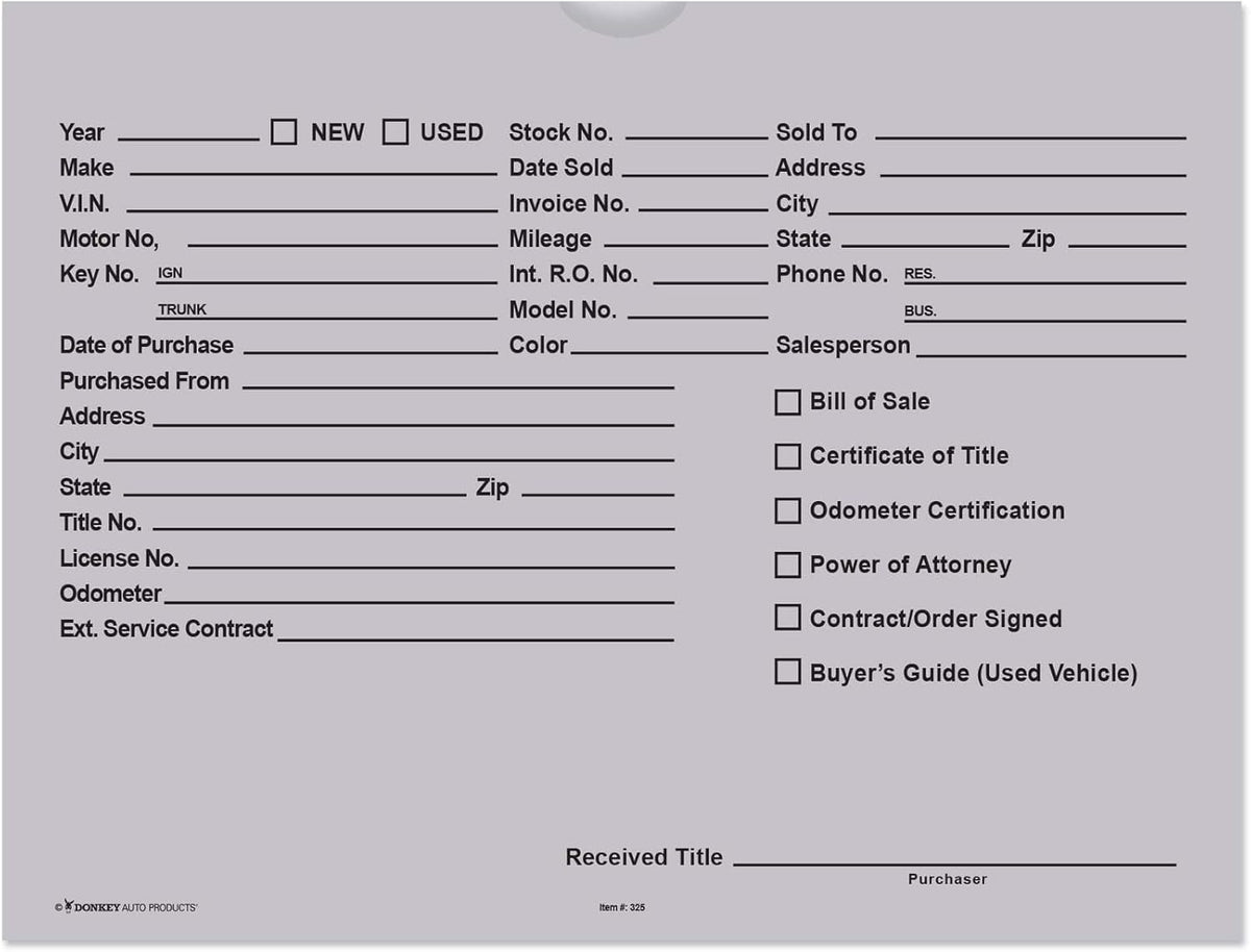 Printed Vehicle Deal Envelopes 9x12 Deal Jackets (100 shrink wrapped) (Gray)