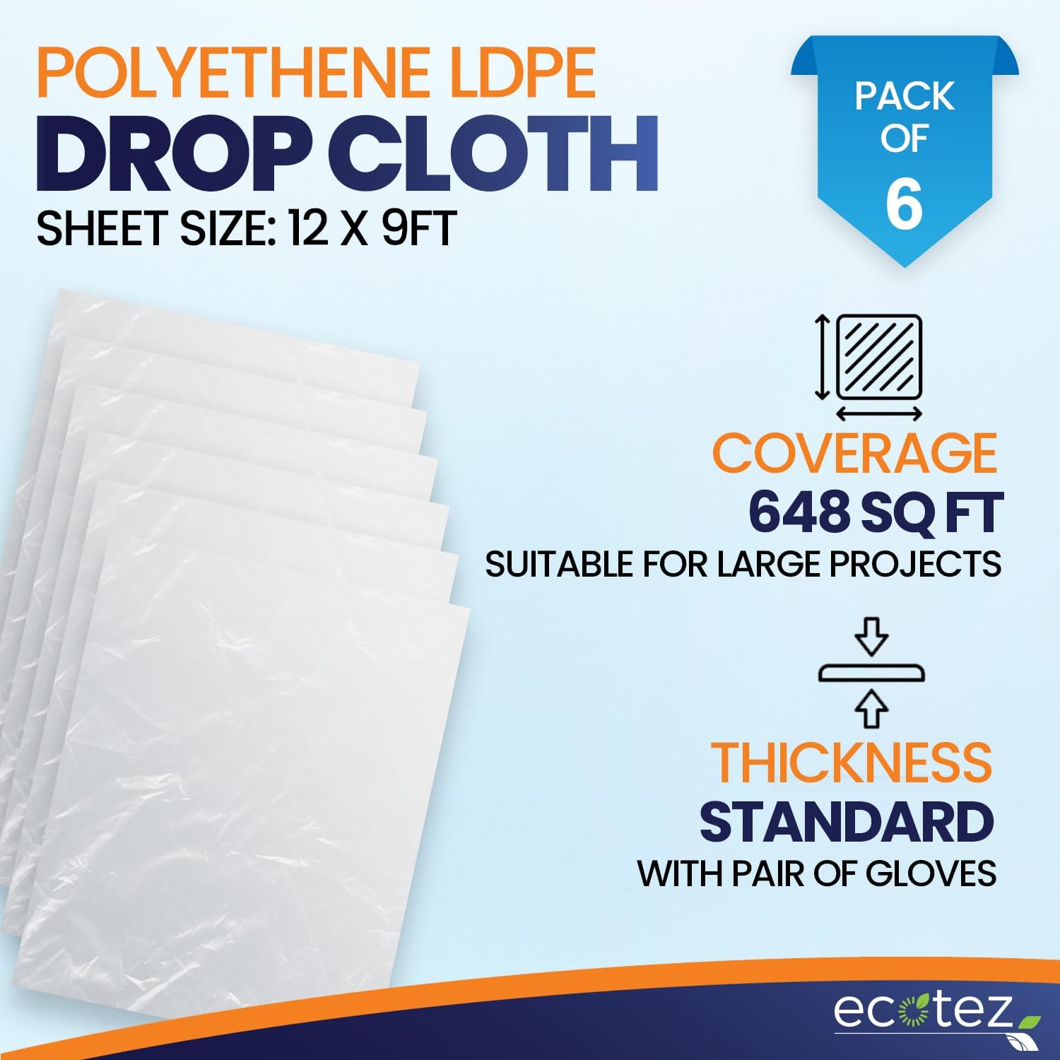 6 Pack 12 x 9 ft Extra Large Plastic Drop Cloth for Painting