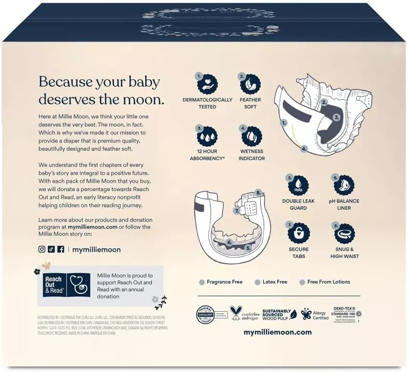 Millie Moon Luxury Diapers, CloudTouch Softness, 12-Hour Leak Protection, Hypoallergenic for Sensitive Skin (1-100ct)